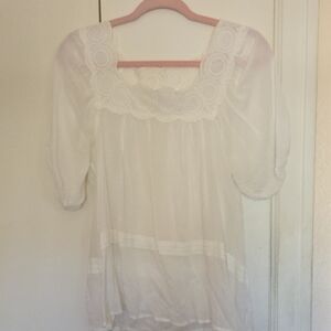 Cream Ruffled 3/4 Sleeve Bib Collar Blouse